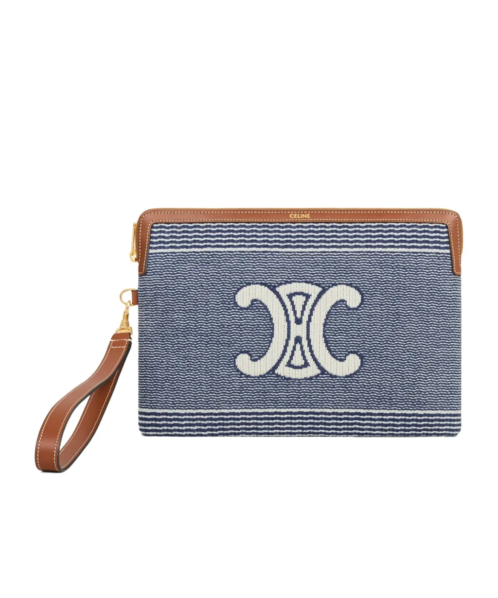 Small Pouch With Strap In Striped Textile With Triomphe