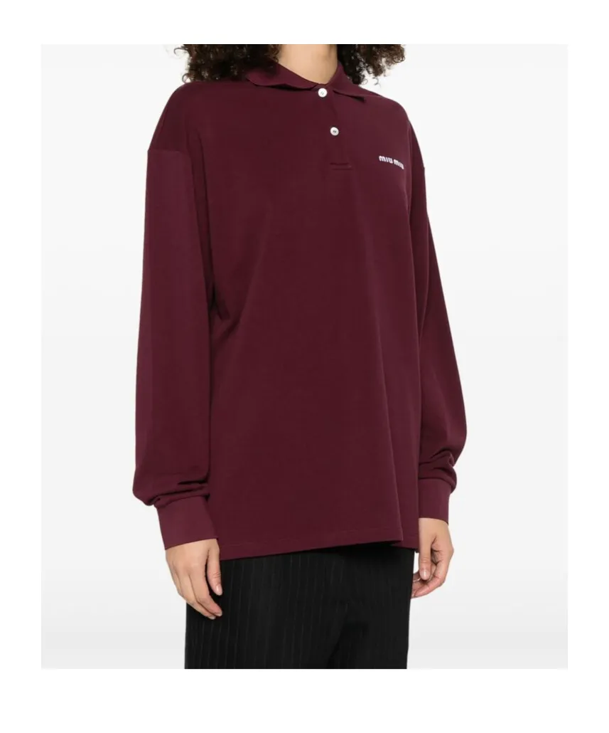 Miu Miu Logo-Embroidered Piqué Long-Sleeved Polo Shirt