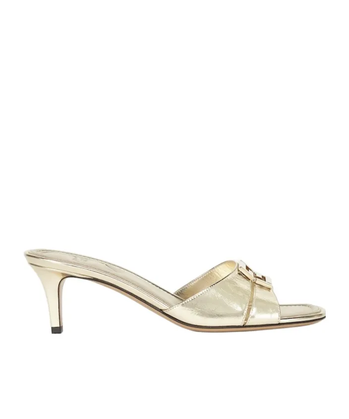 Champagne-Coloured Metallic Nappa Leather Medium-Heeled Sandals