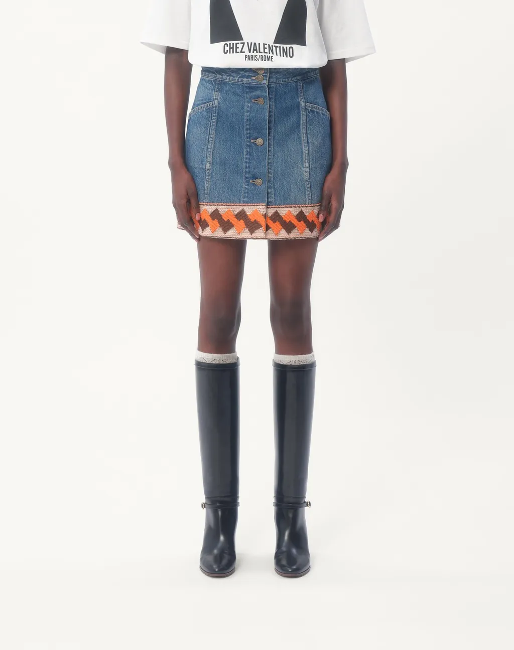 Valentino Jacquard-Trim Mid-Rise Denim Skirt