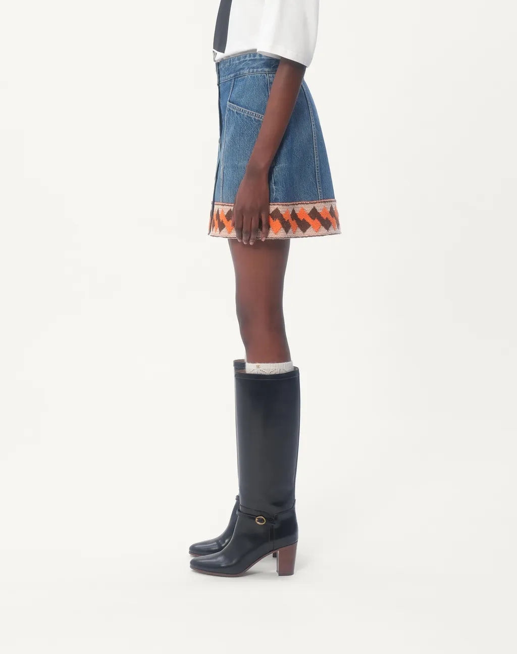 Valentino Jacquard-Trim Mid-Rise Denim Skirt