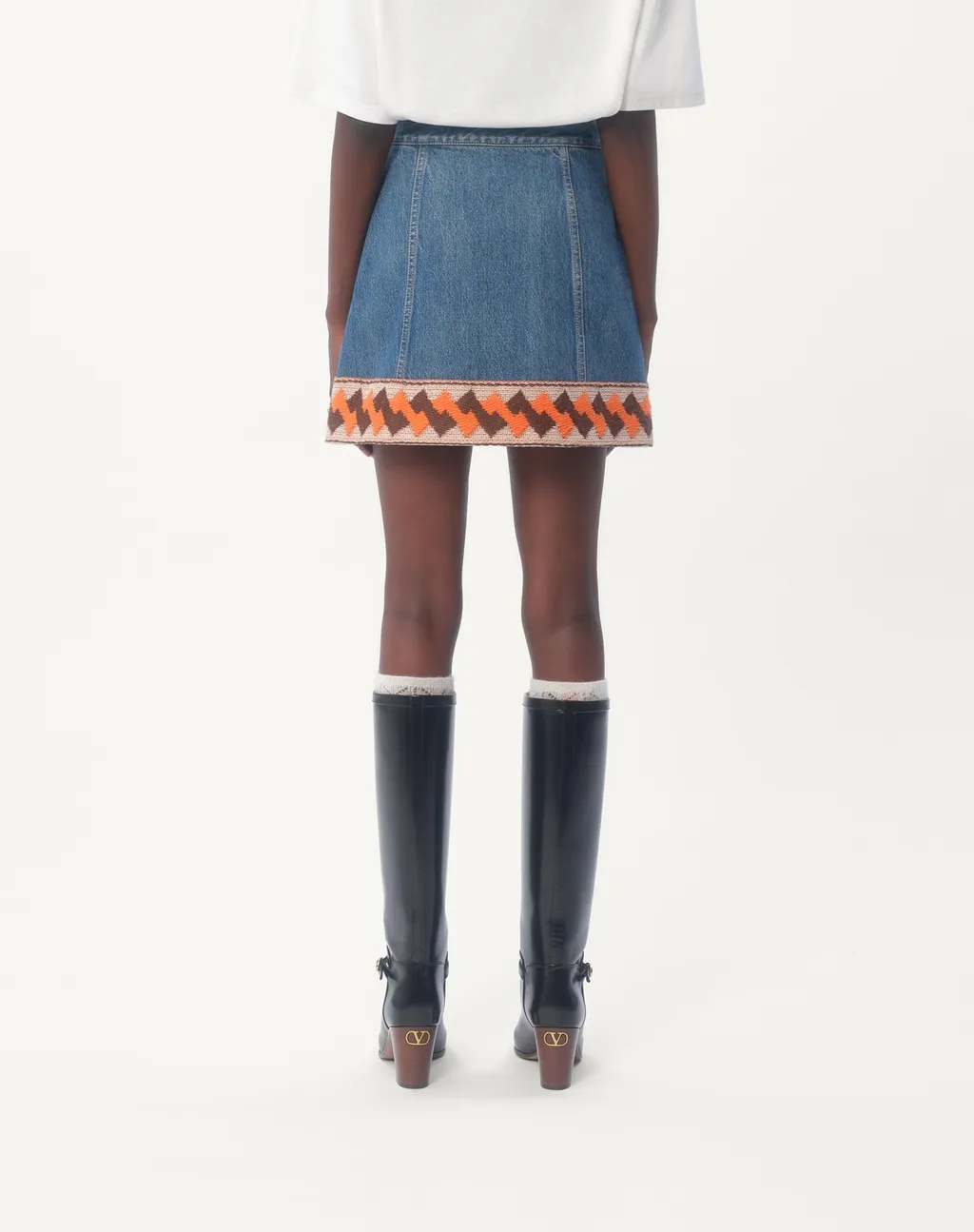 Valentino Jacquard-Trim Mid-Rise Denim Skirt