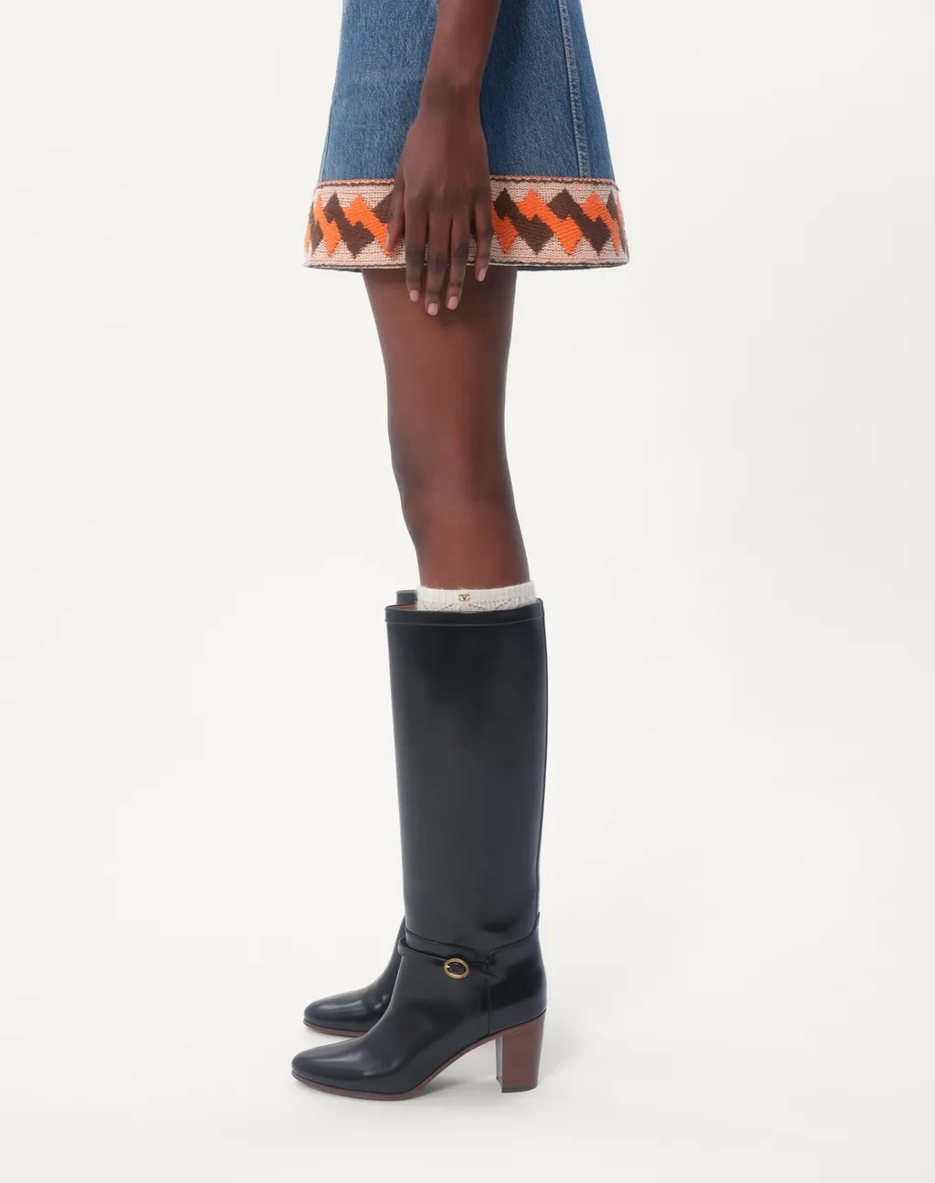 Valentino Jacquard-Trim Mid-Rise Denim Skirt
