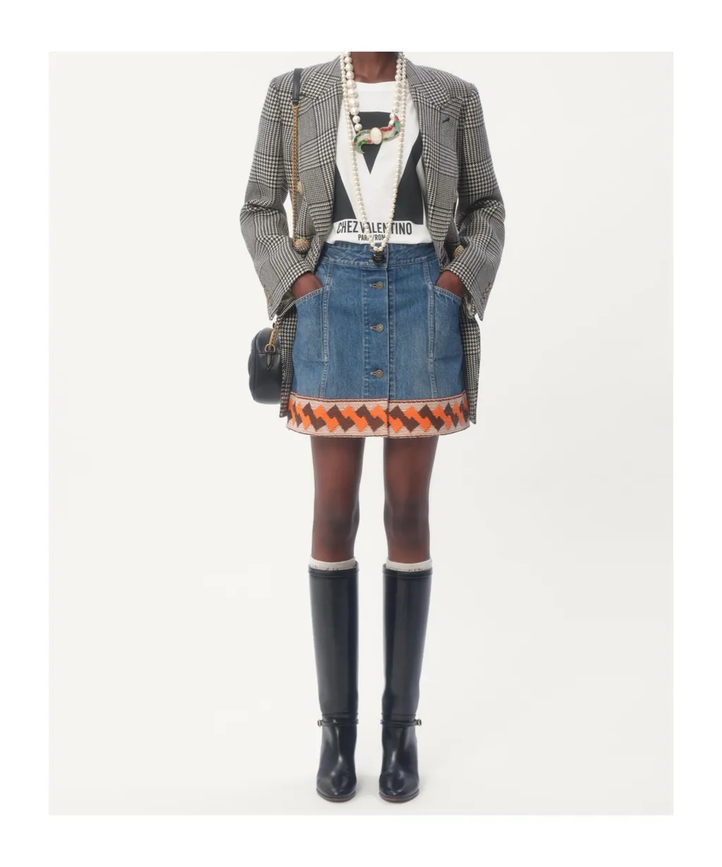 Valentino Jacquard-Trim Mid-Rise Denim Skirt