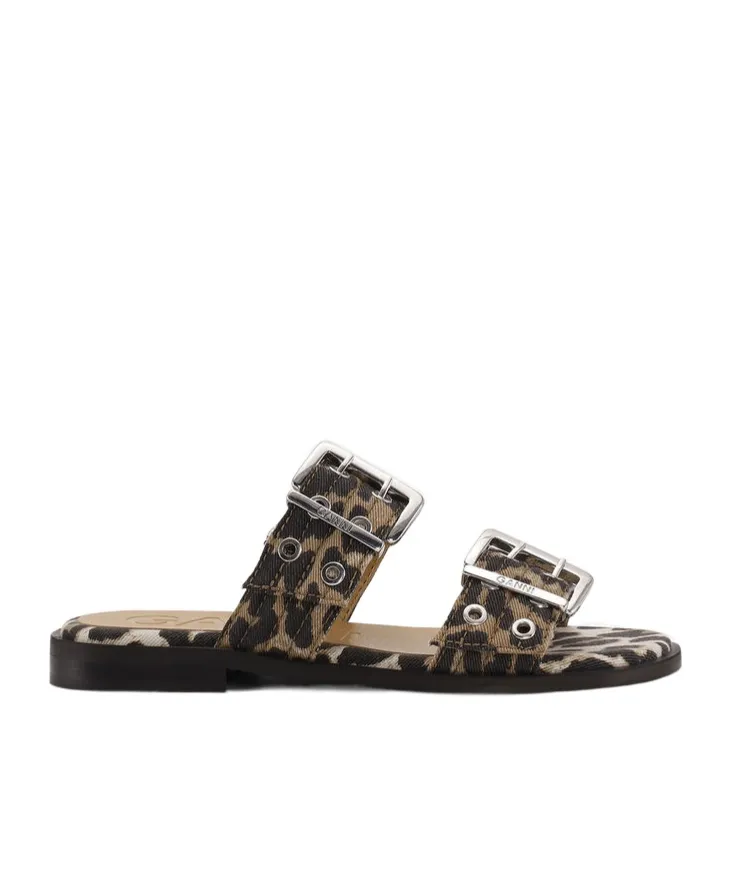 Ganni Leopard Denim Feminine Buckle Two-Strap Sandals