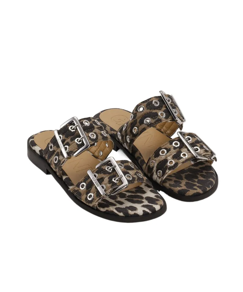 Ganni Leopard Denim Feminine Buckle Two-Strap Sandals