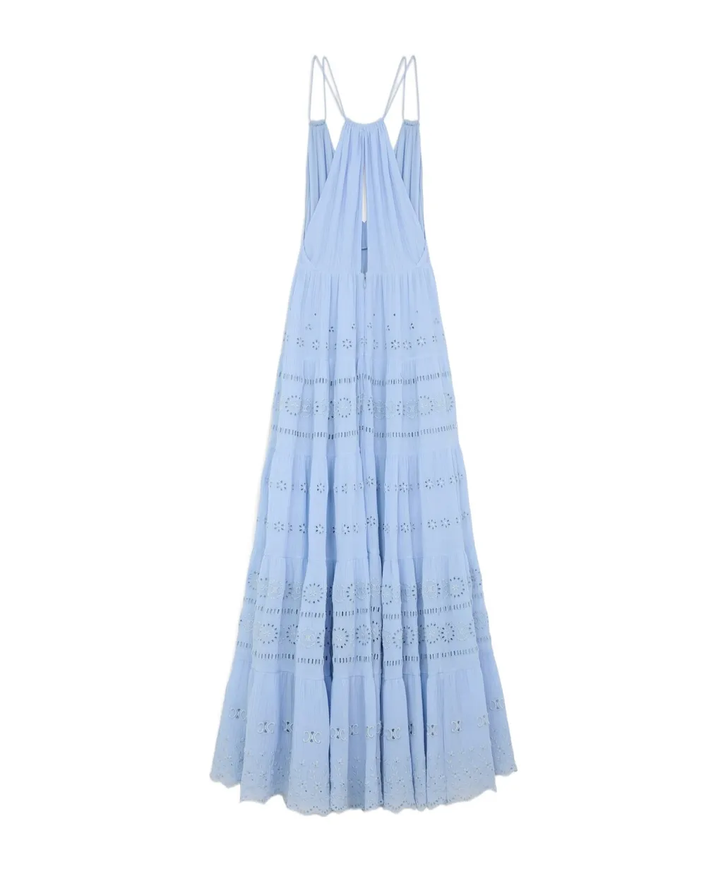 Embroidered Long Dress In Cotton Silk Crepon