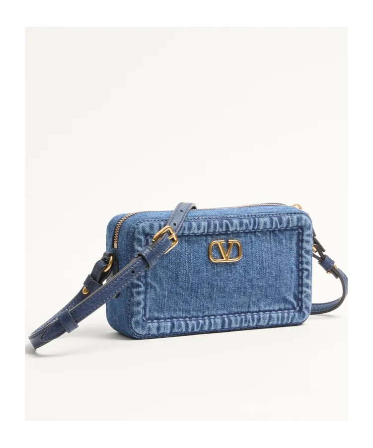 Valentino Alltime Vlogo Plaque Denim Shoulder Bag