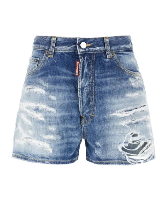 Dsquared2 Logo Patch Distressed Denim Shorts