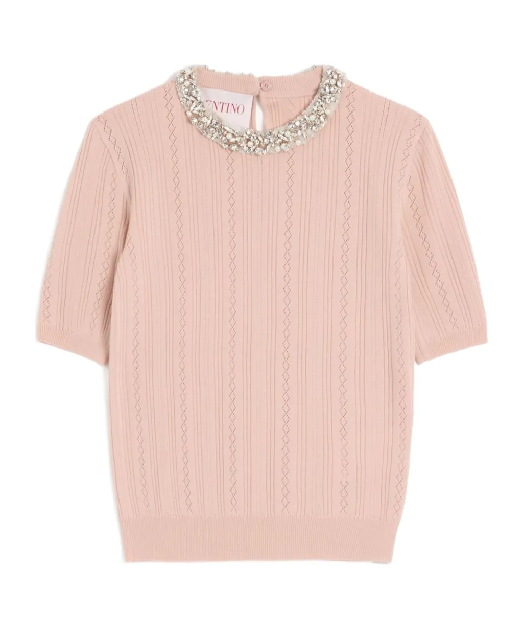 Valentino Vertical Striped Short-Sleeve Knit Sweater