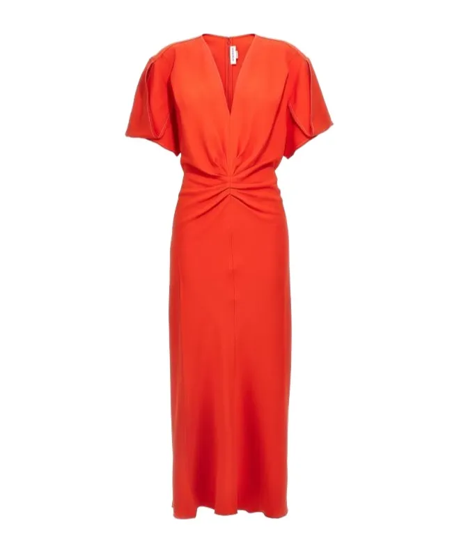Victoria Beckham Gathered V-Neck Midi Dress