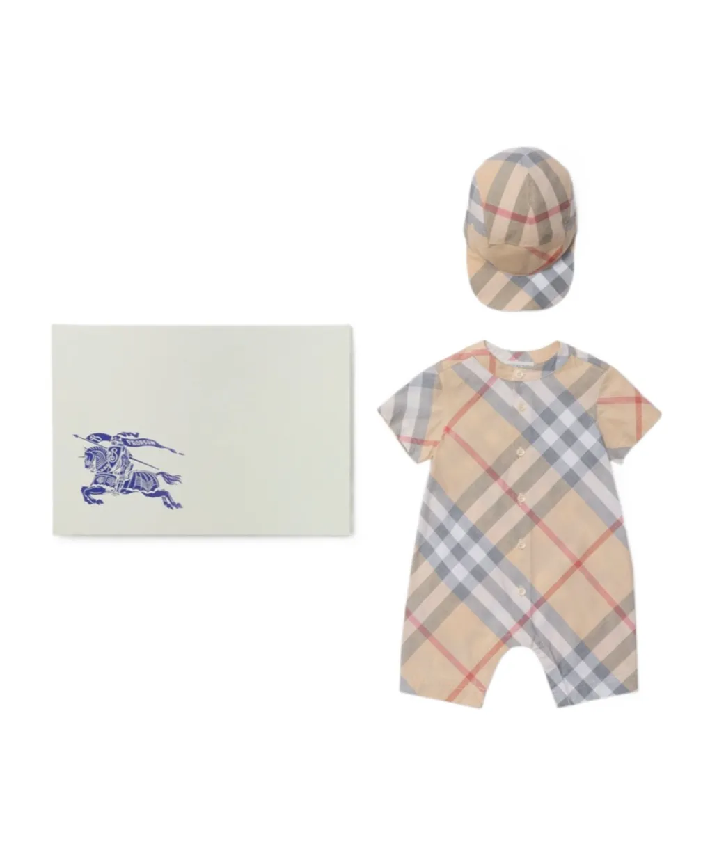 Burberry Kids Checked Romper And Cap Set
