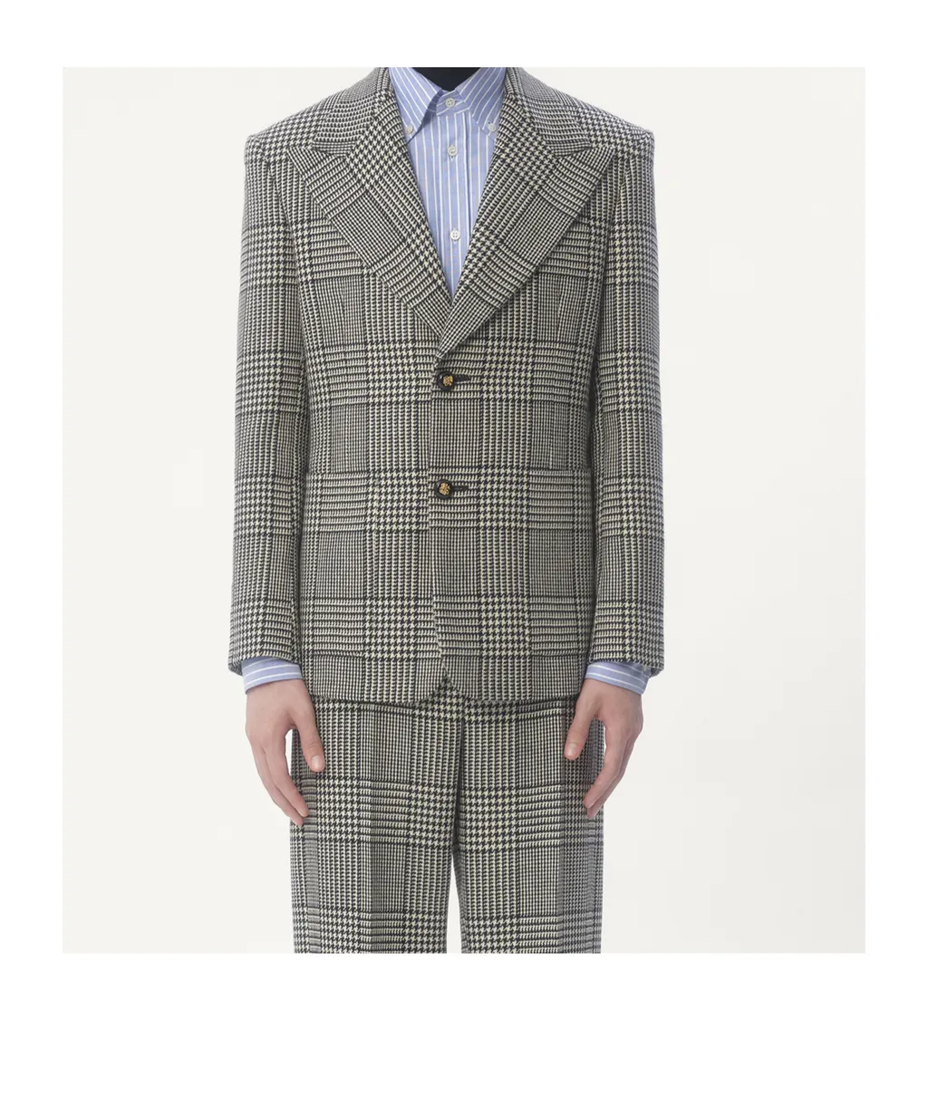 Single-Breasted Wool Jacket With Check Pattern On Houndstooth