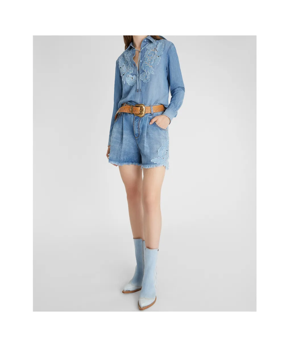 Denim Shirt With Handmade Floral AppliquÉS