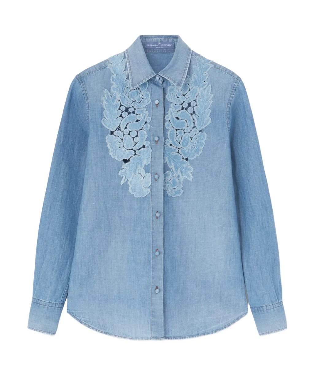 Denim Shirt With Handmade Floral AppliquÉS