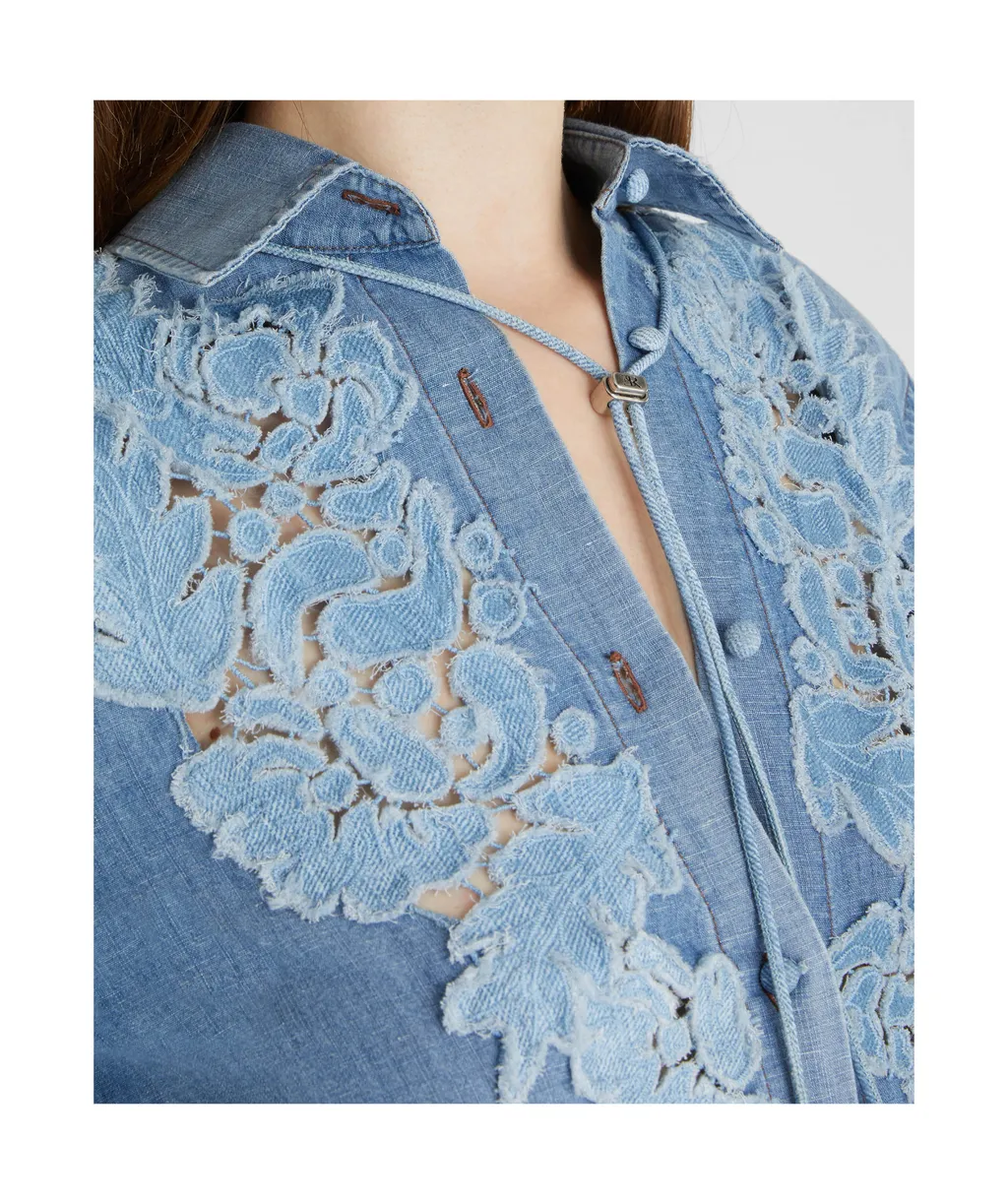 Denim Shirt With Handmade Floral AppliquÉS