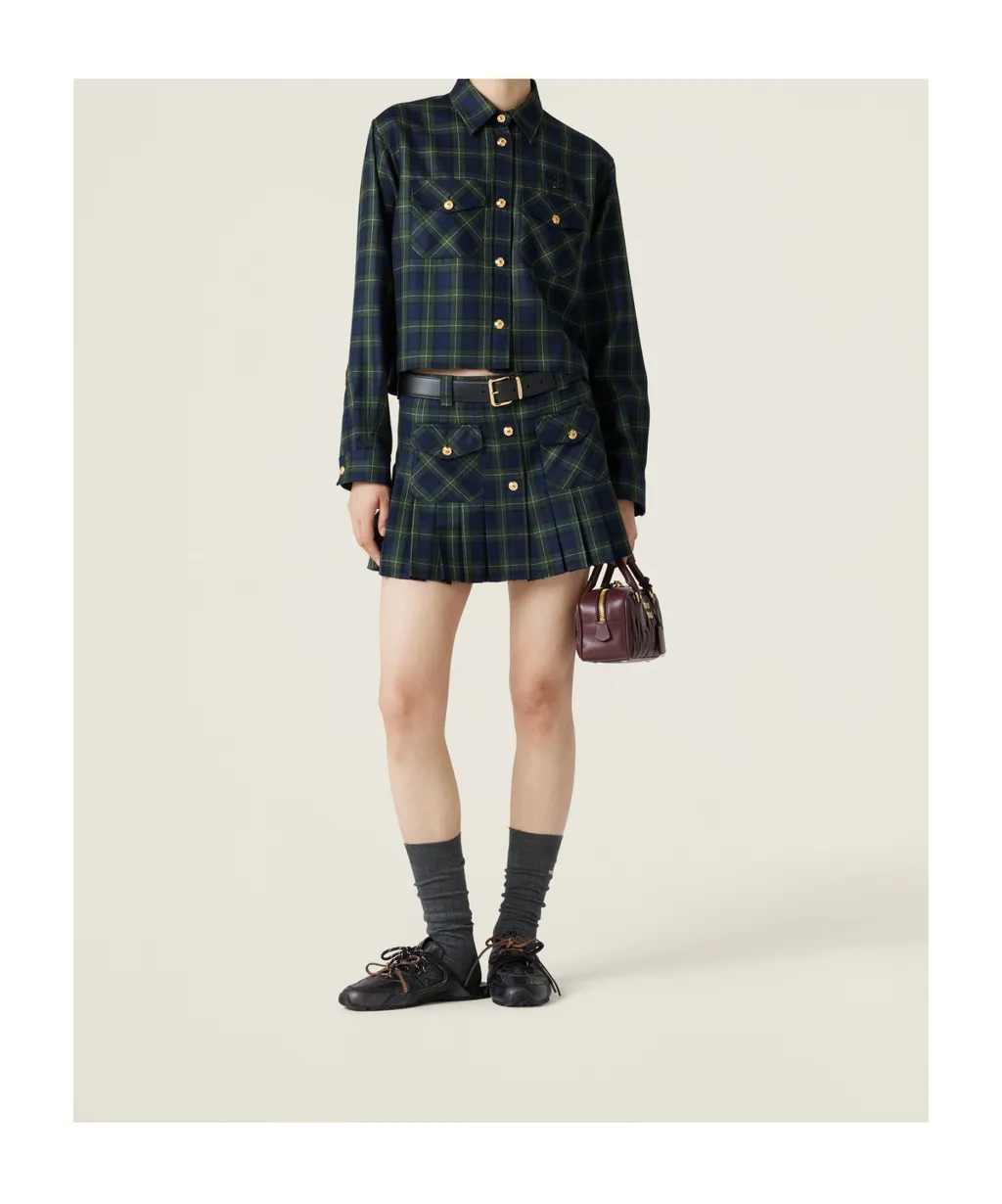 Miu Miu Logo-Embroidered Pleated Tartan Mini Skirt