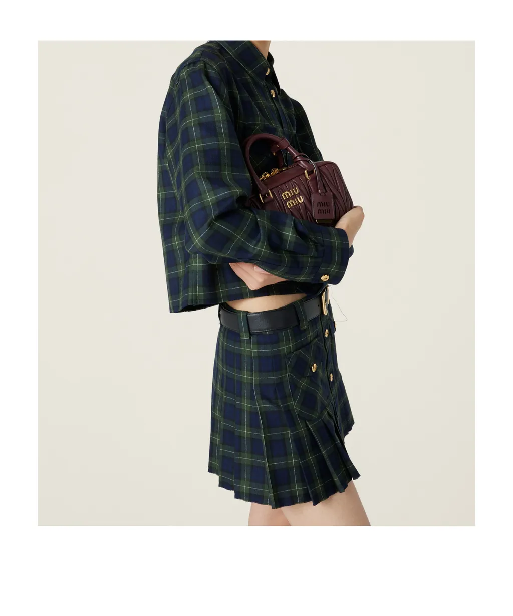 Miu Miu Logo-Embroidered Pleated Tartan Mini Skirt