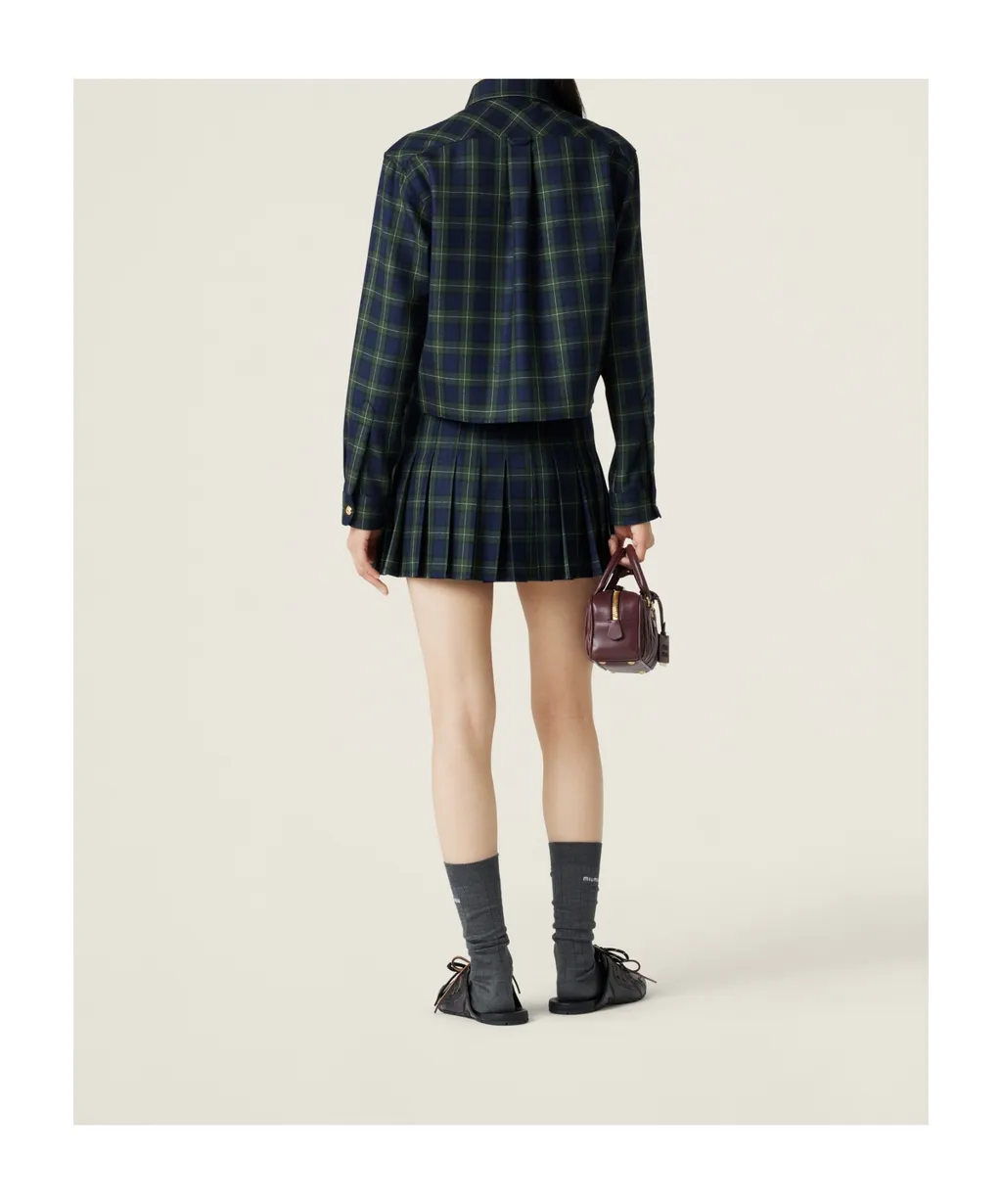 Miu Miu Logo-Embroidered Pleated Tartan Mini Skirt