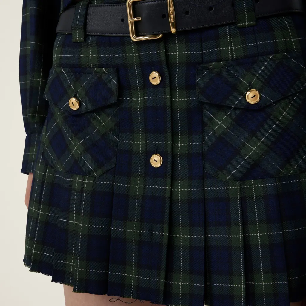Miu Miu Logo-Embroidered Pleated Tartan Mini Skirt