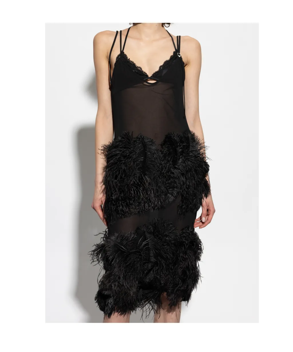 The Attico Feather Embellished Spaghetti Strap Midi Dress