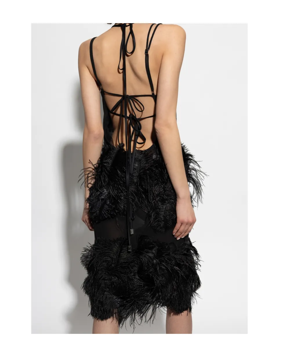 The Attico Feather Embellished Spaghetti Strap Midi Dress