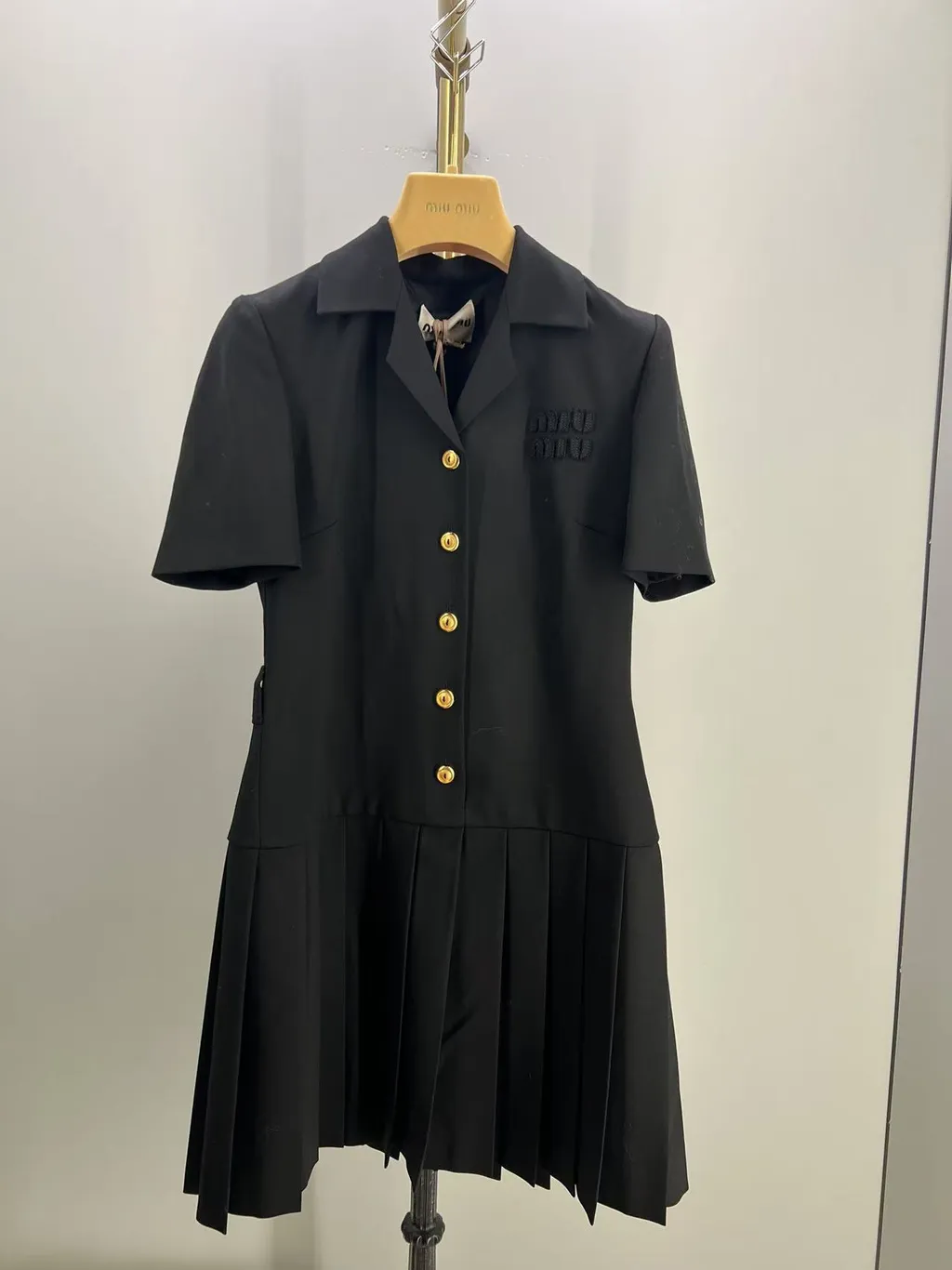 Miu Miu Short-Sleeved Belted Pleated Dress
