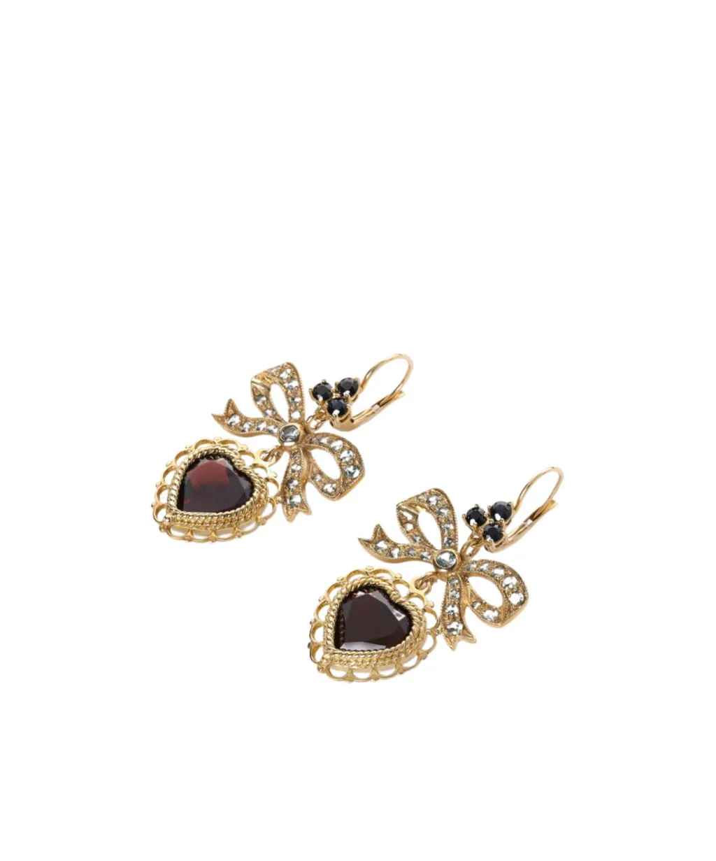 18Kt Yellow Gold Heart Garnet Drop Earrings