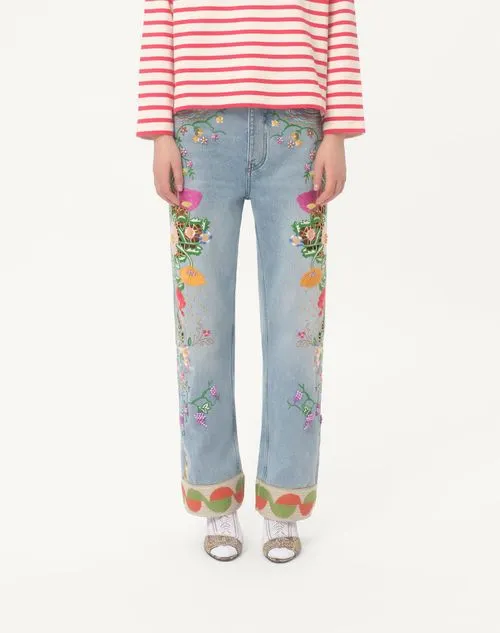 Valentino Floal Embroidered Tapered Jeans