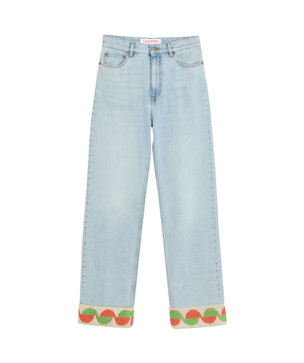 Valentino Jacquard-Trim Straight Leg Jeans