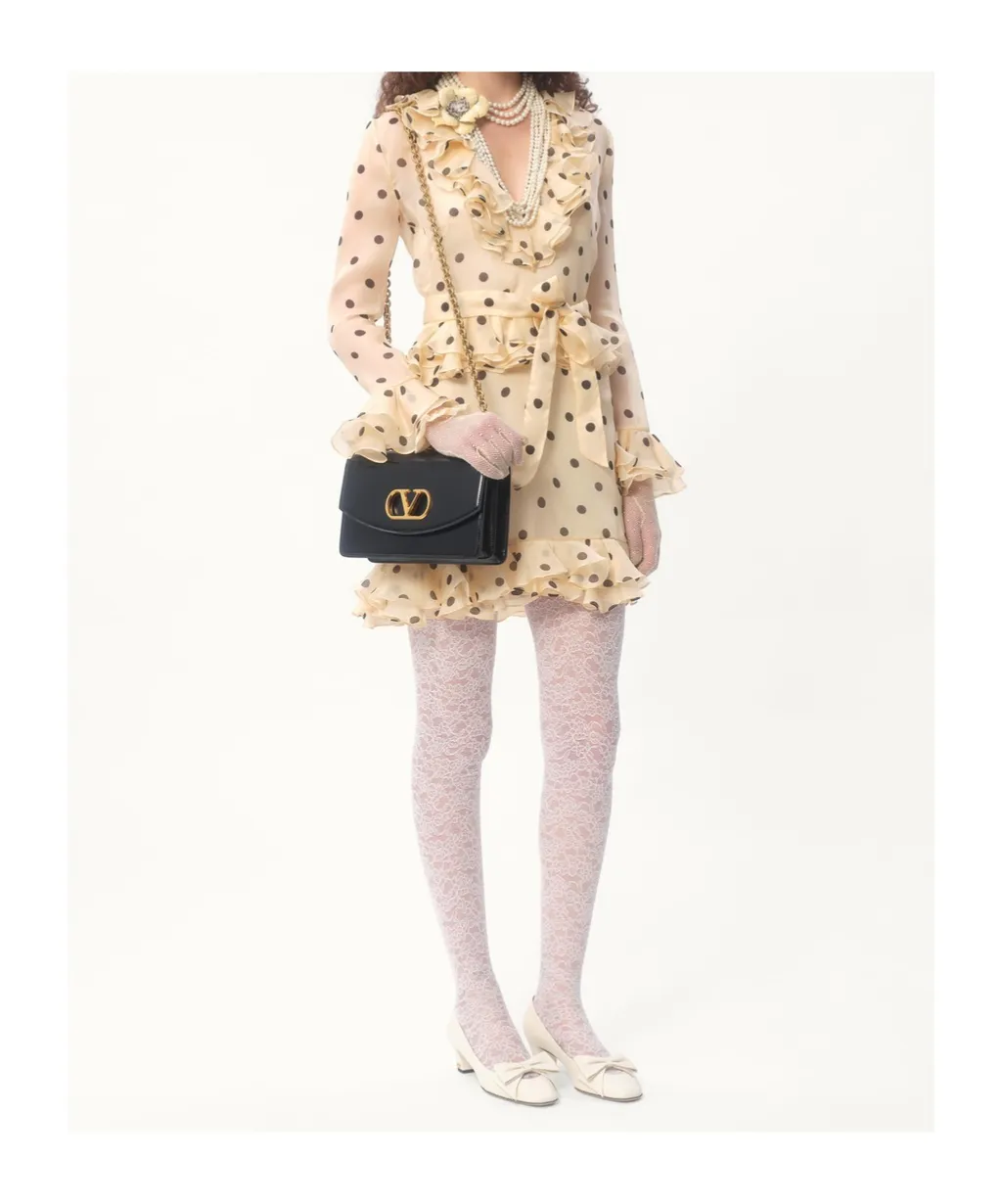Valentino Polka Dot-Printed V-Neck Ruffled Dress