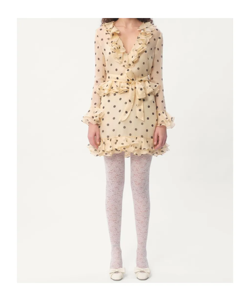 Valentino Polka Dot-Printed V-Neck Ruffled Dress