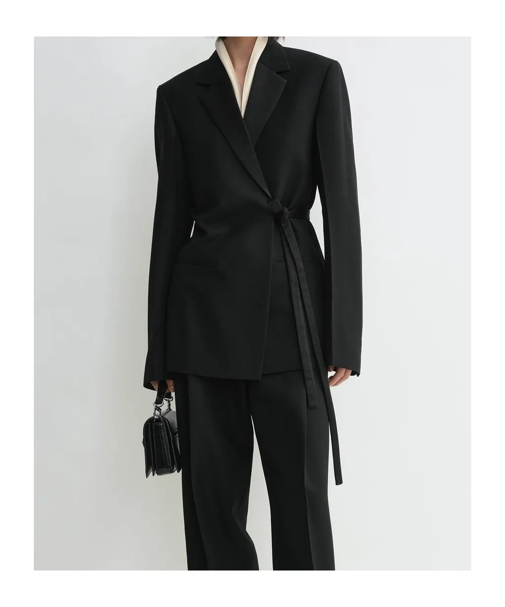 Satin-Lapels Wrap Blazer