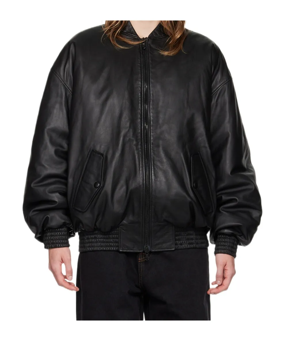 Zippered Long-Sleeved Leather Jacket