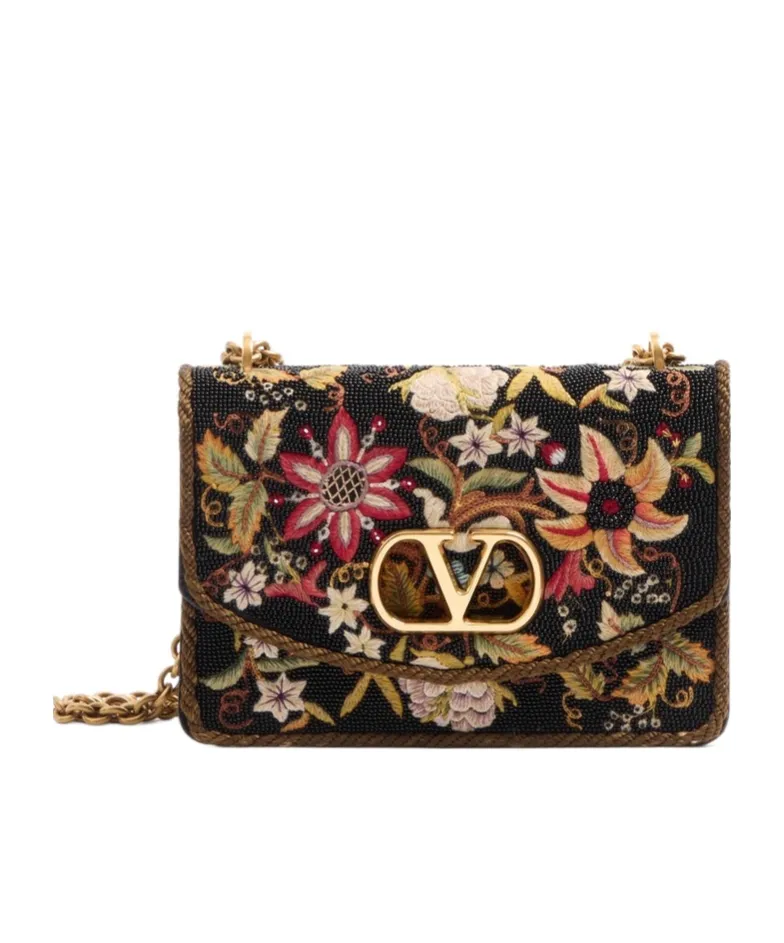 Valentino Vain Embroidered Foldover Top Shoulder Bag
