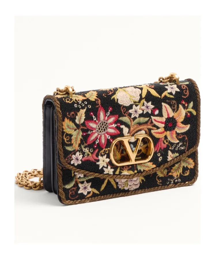 Valentino Vain Embroidered Foldover Top Shoulder Bag