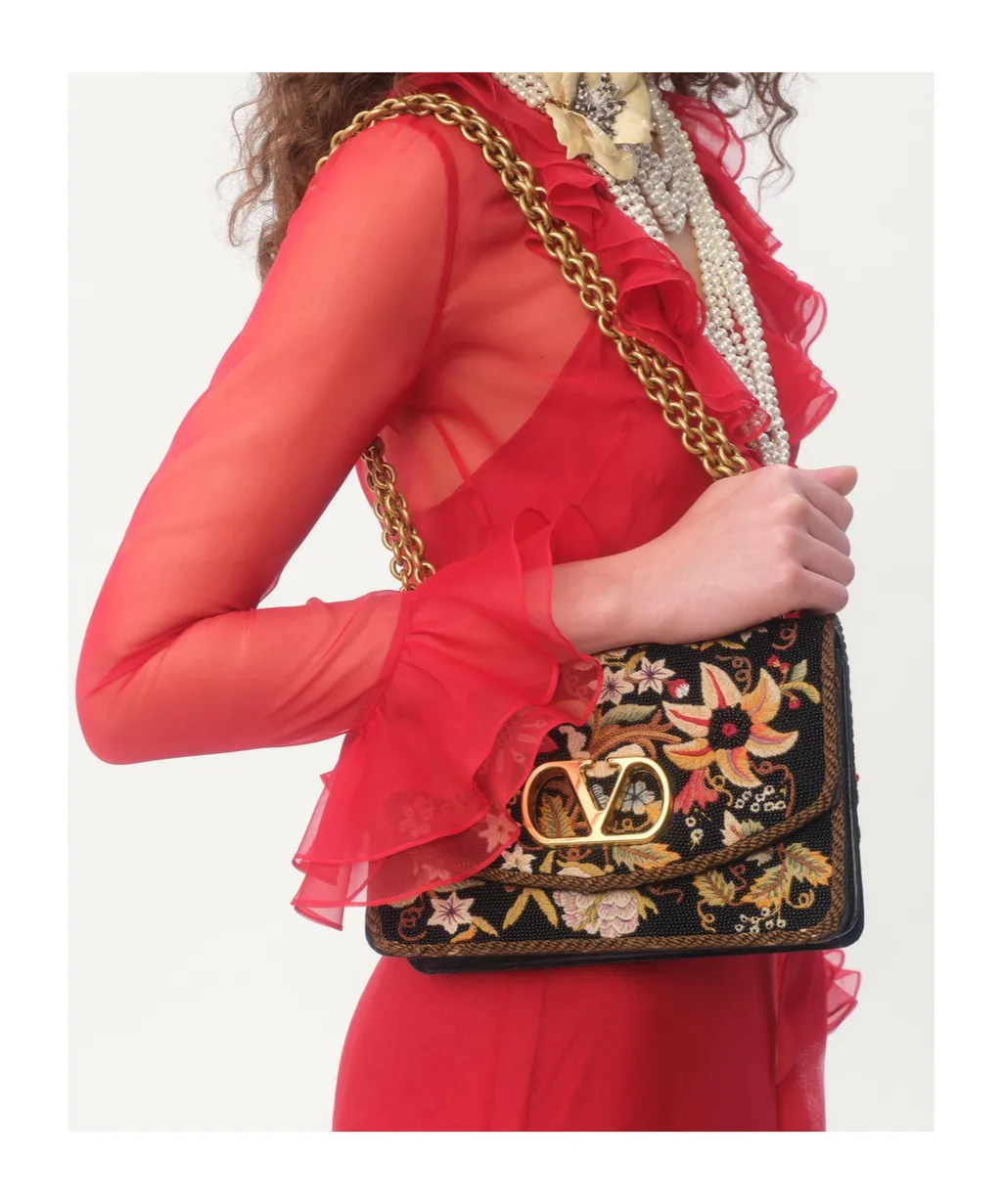 Valentino Vain Embroidered Foldover Top Shoulder Bag