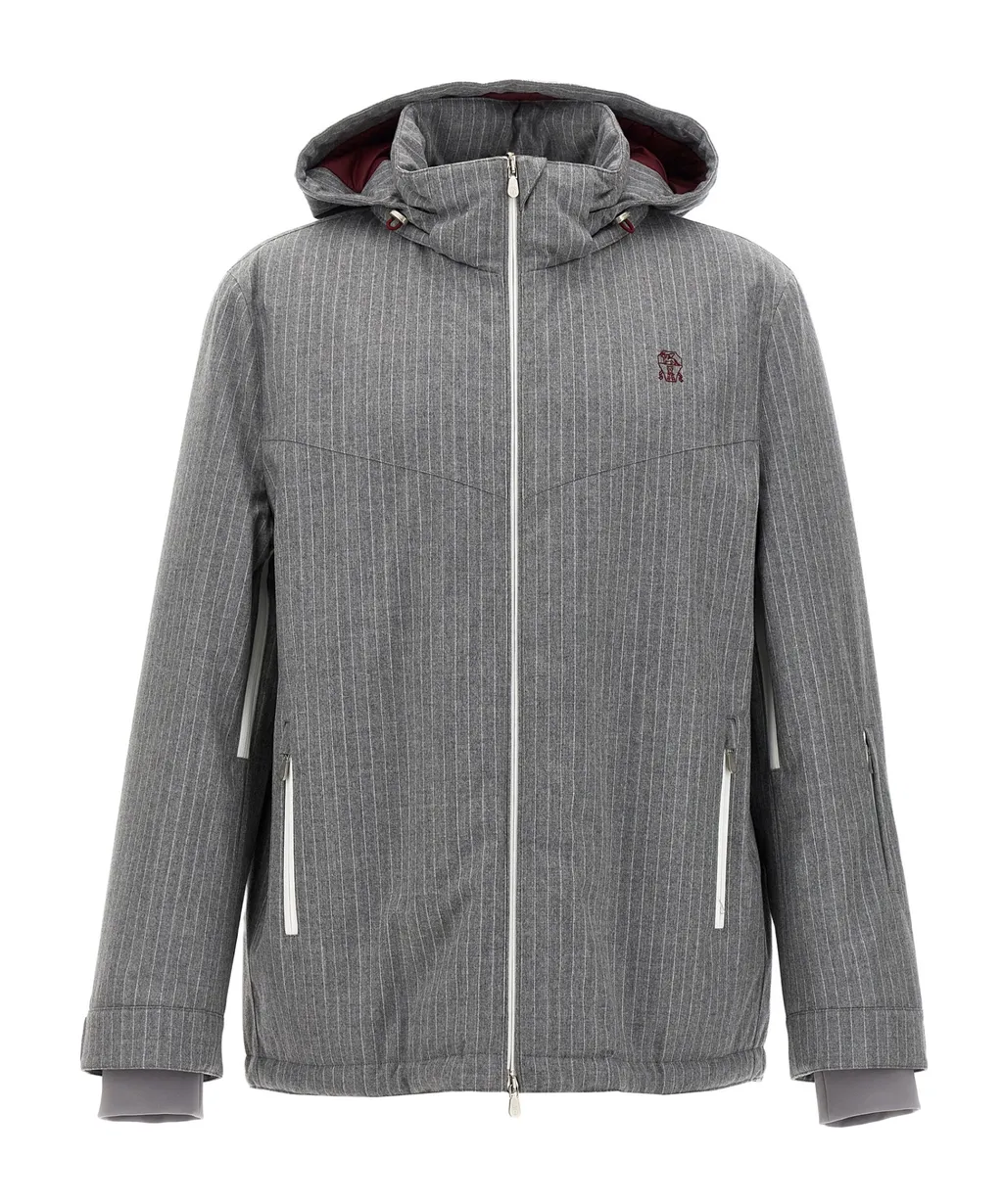 Brunello Cucinelli Pinstriped Hooded Bomber Jacket