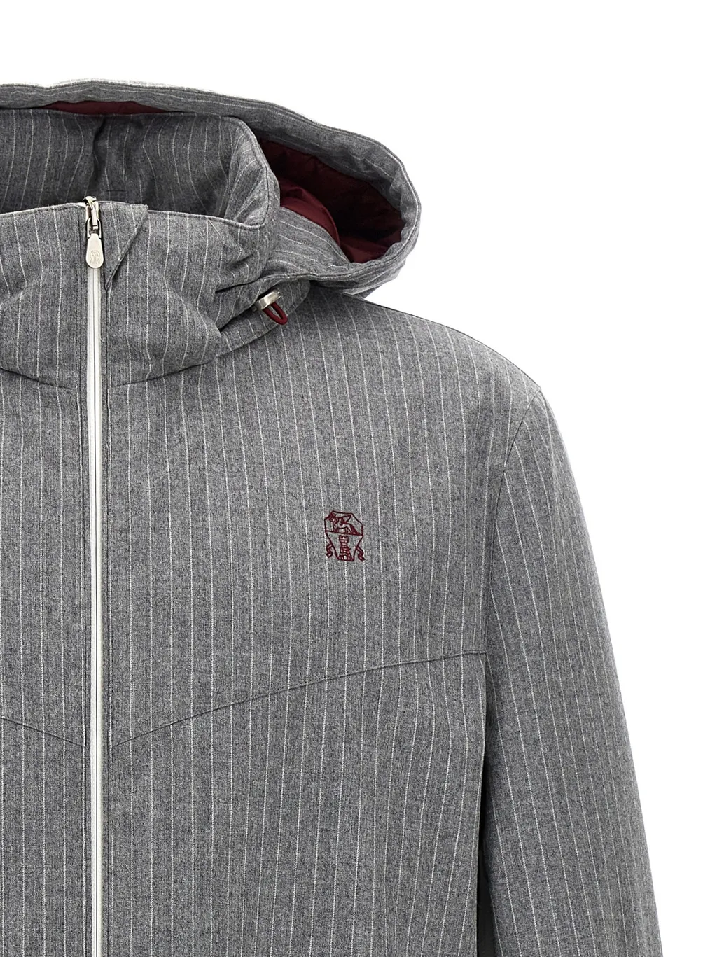 Brunello Cucinelli Pinstriped Hooded Bomber Jacket