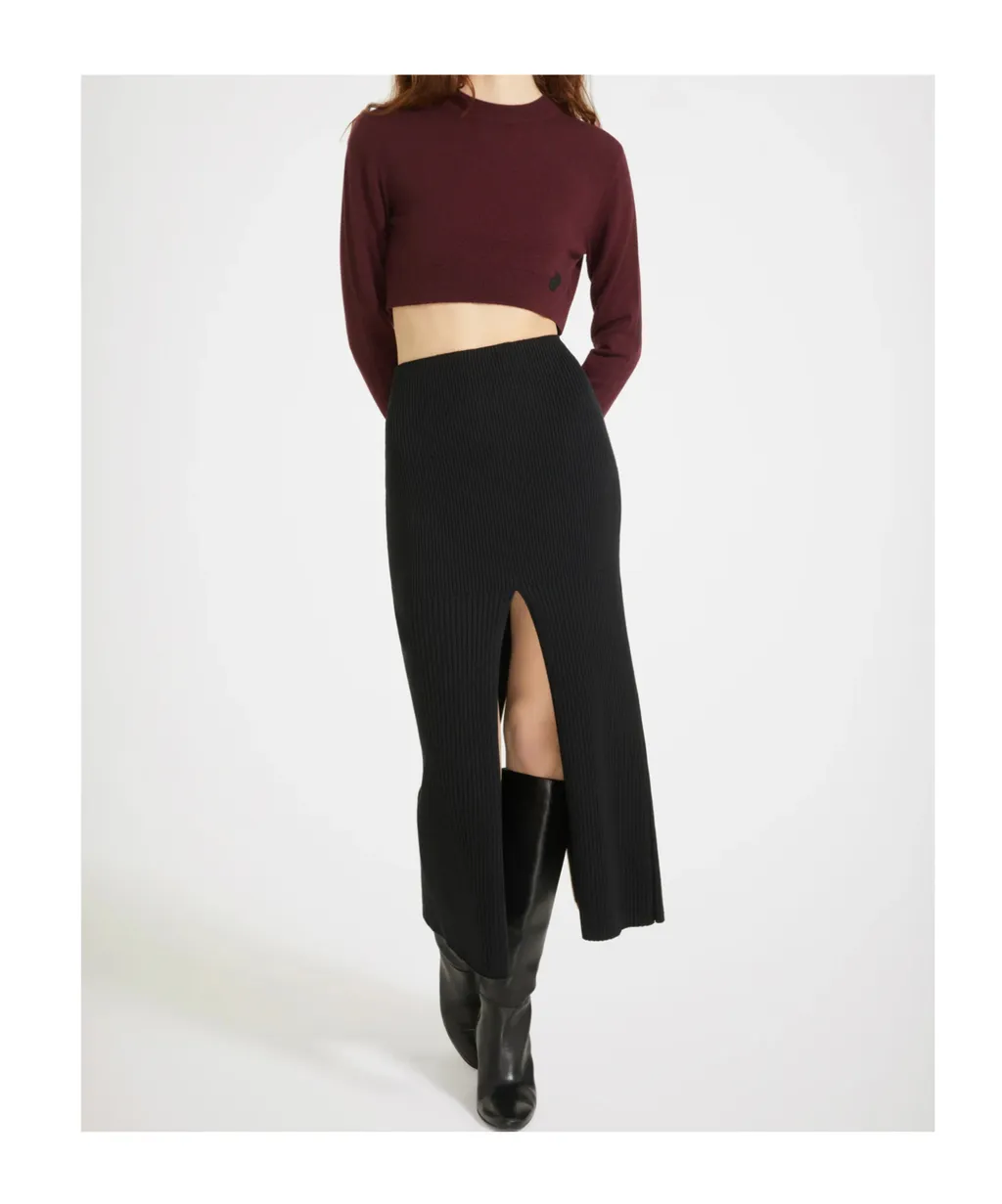 Patou Ribbed-Knit Front-Slit Midi Skirt