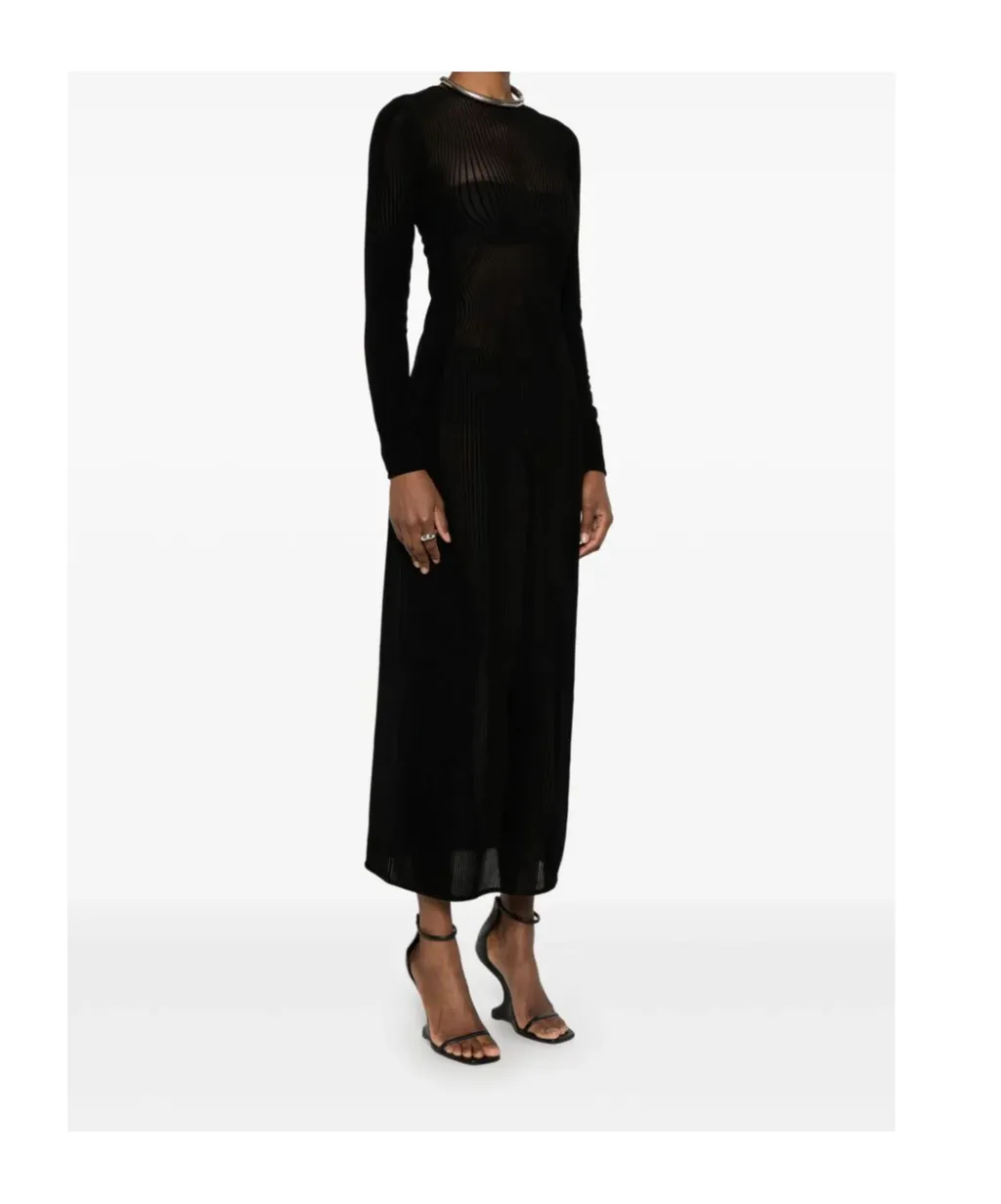 Mesh Long Dress Flocked Morphing Pinstripes