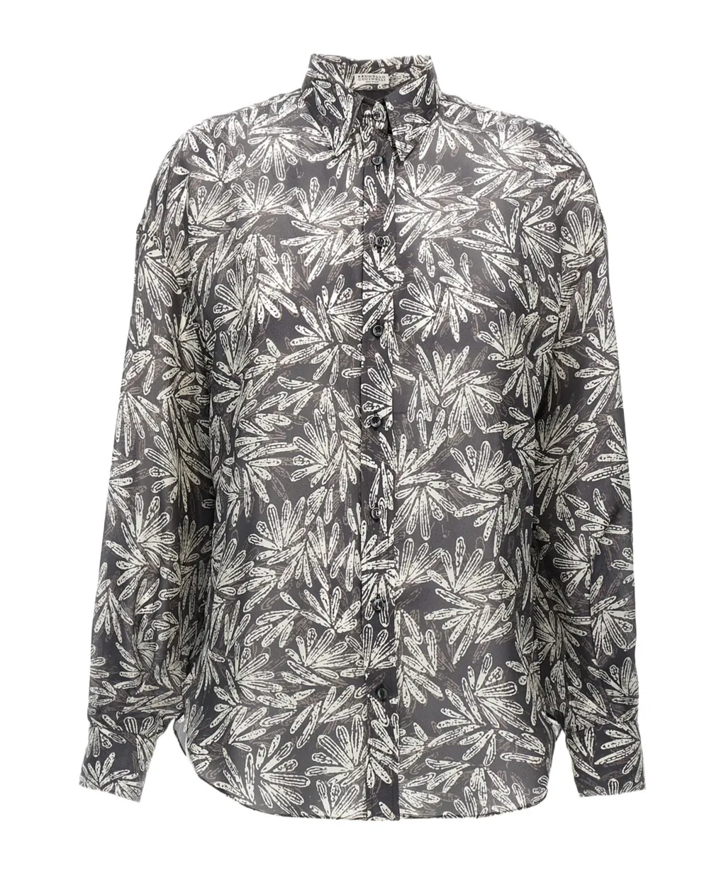Brunello Cucinelli Abstract Printed Curved Hem Shirt