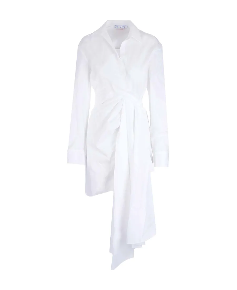 Off-White Draped Long-Sleeved Dress
