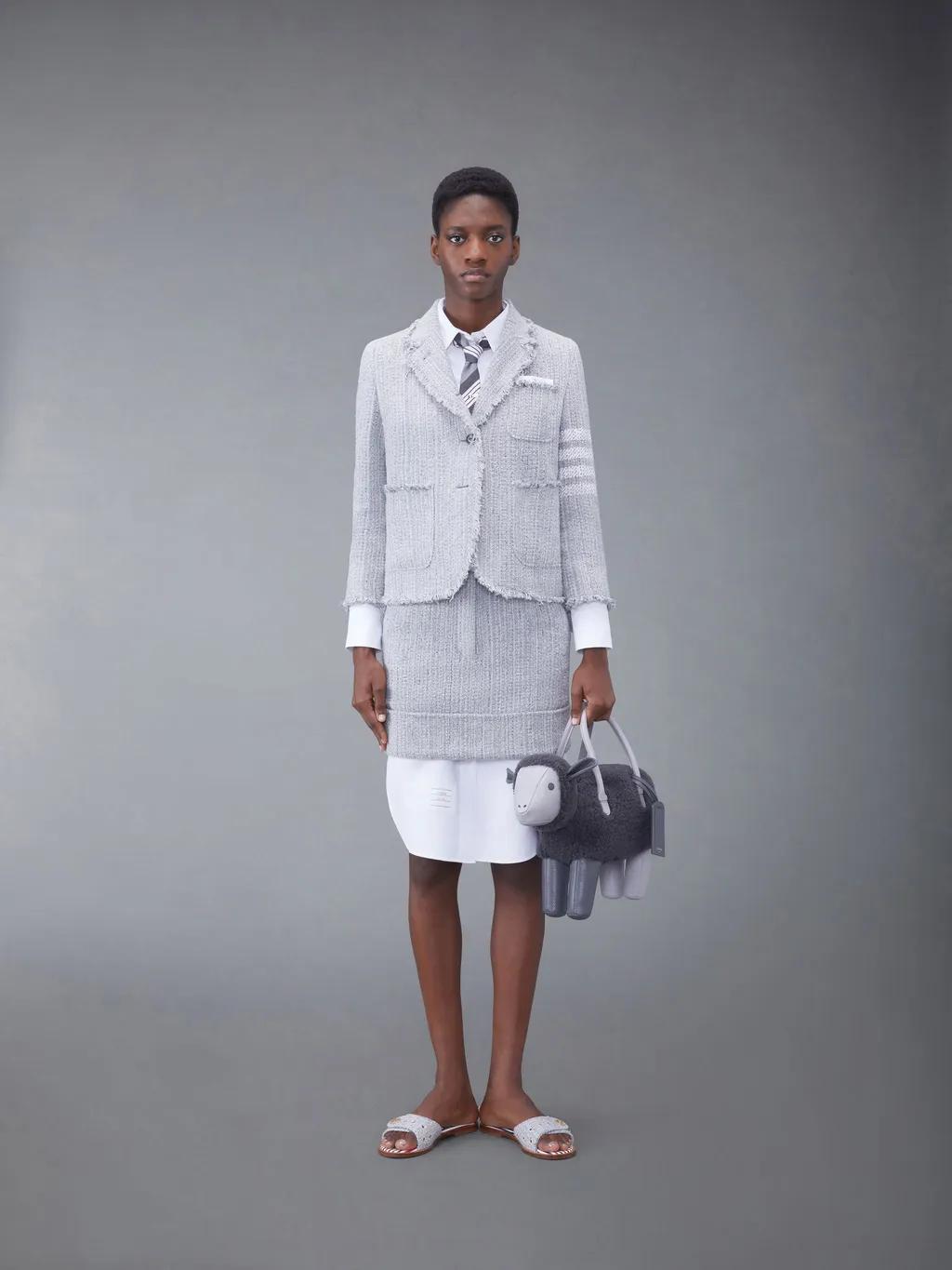 Thom Browne Tweed Fray 4-Bar Cropped Sack Jacket