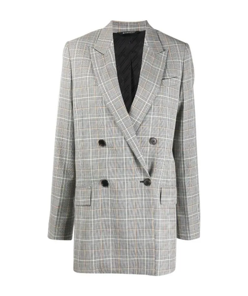 Check-Pattern Double-Breasted Blazer