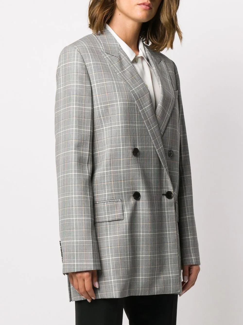 Check-Pattern Double-Breasted Blazer