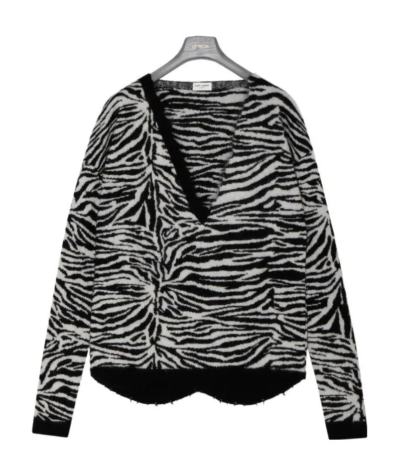 Saint Laurent Zebra Patterned V-Neck Sweater