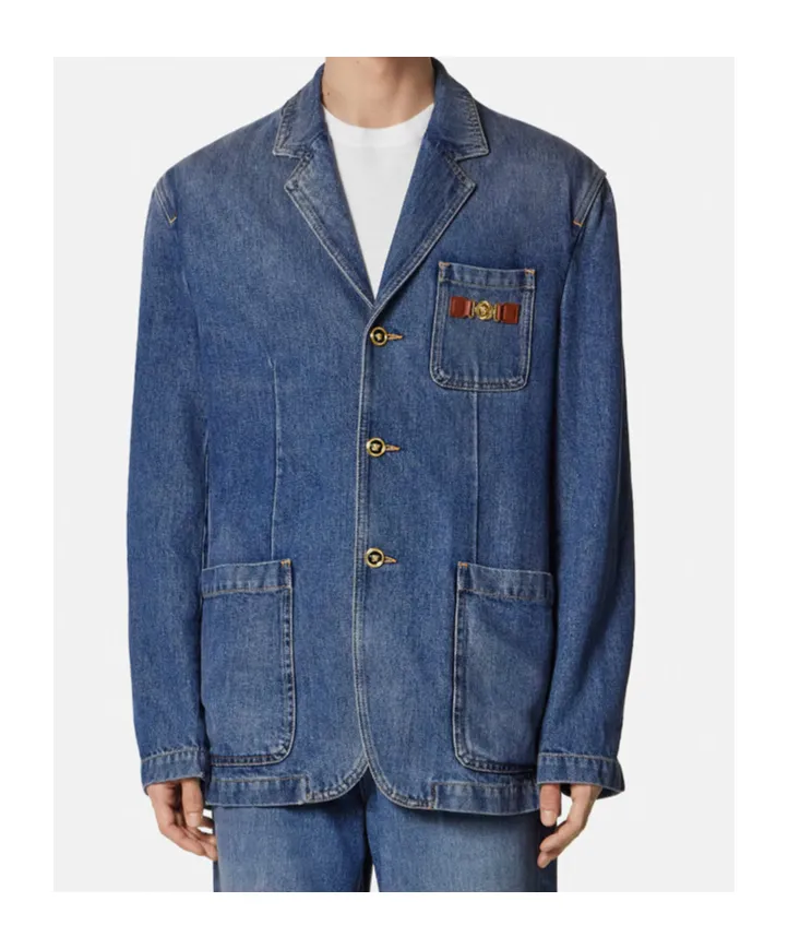 Versace Logo Applique Denim Blazer