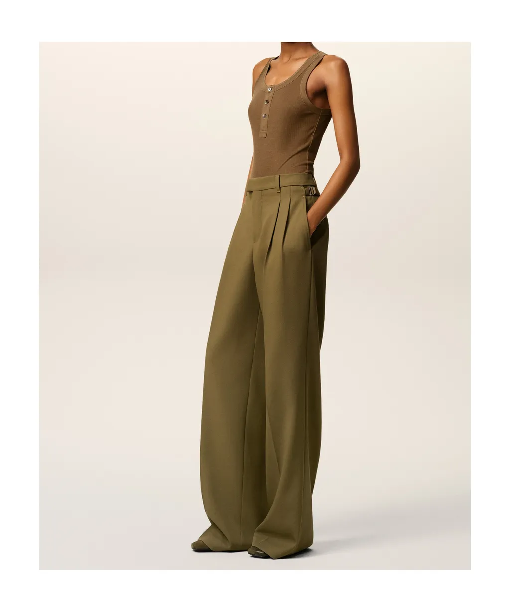 Green Wool Tabs Wide Trousers