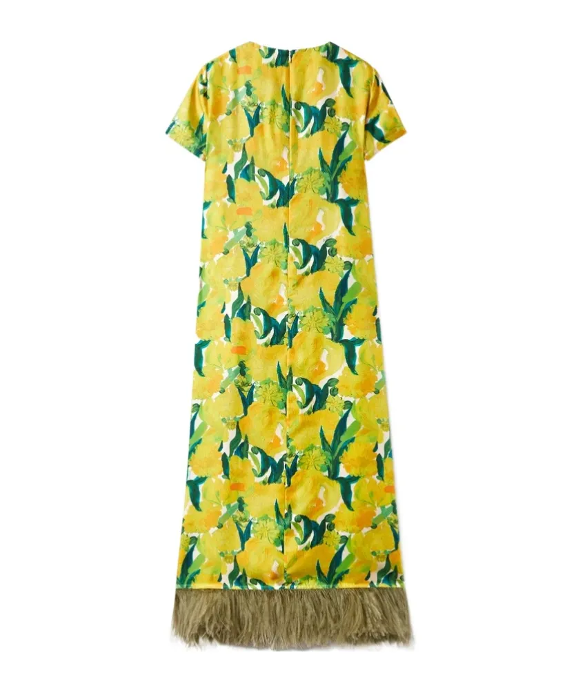 Swing Floral-Print Feather-Hem Maxi Dress